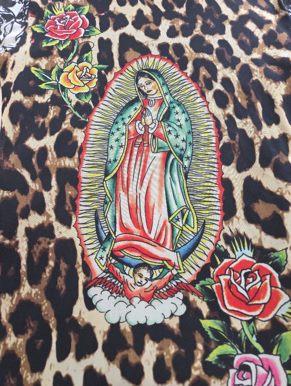Ed Hardy Dolls Kill Sz Small Leopard Mesh Bodycon Mini Dress Virgin Mary Graphic - Picture 6 of 12
